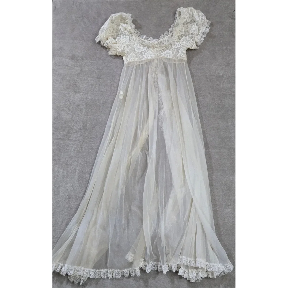 Vtg Tosca Nightgown Robe Peignoir Lingerie Set Sheer Lace Chiffon Medium Bridal